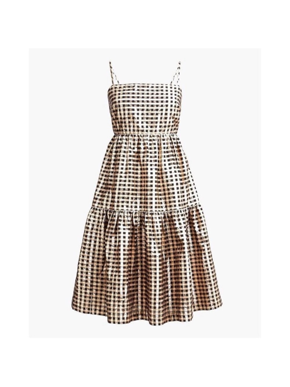NWT J. Crew Black and Gold Checkered Gingham Sleeveless Tiered Dress - Size 12 -